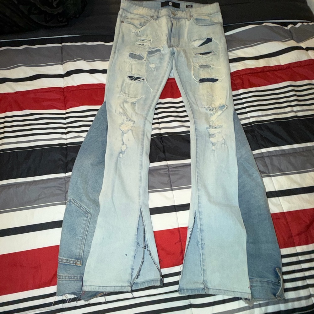 1of1 Custom Light Wash Distressed Flare Jeans